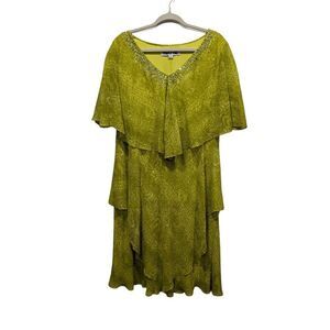Vicky Tiel Green Snake Print Chiffon Rhinestone Tiered Handkerchief Dress, 1X